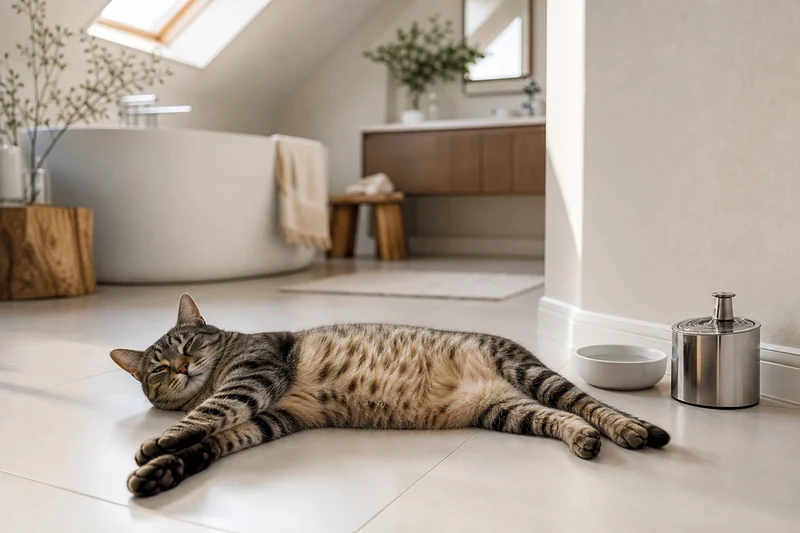 Chat allongé sur le carrelage frais d'une salle de bain pour réguler sa température
