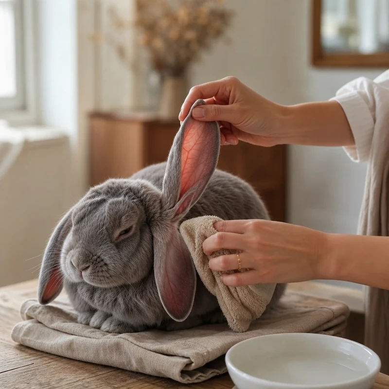 Mouiller délicatement les oreilles d'un lapin avec un gant humide pour le rafraîchir
