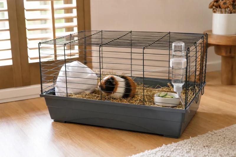 Cage de cochon d'Inde aménagée contre la canicule avec bouteille gelée et concombre frais