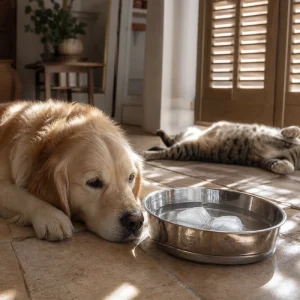 Un chien et un chat se rafraîchissent à l'ombre sur un carrelage frais pendant la canicule