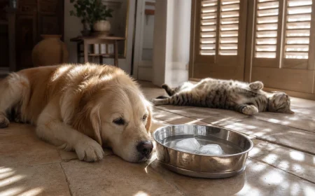 Un chien et un chat se rafraîchissent à l'ombre sur un carrelage frais pendant la canicule