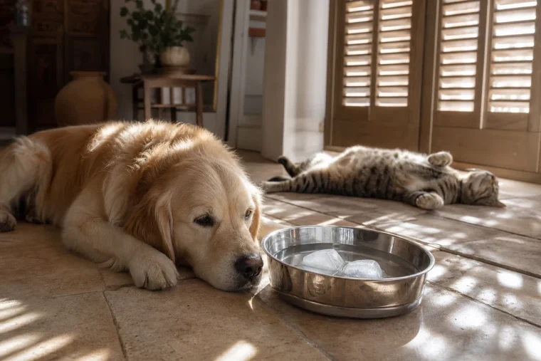 Un chien et un chat se rafraîchissent à l'ombre sur un carrelage frais pendant la canicule