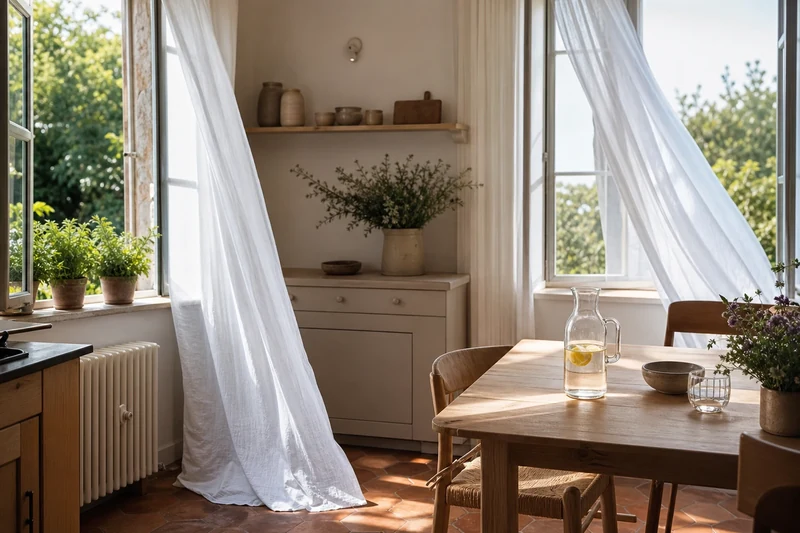 Cuisine avec fenêtres opposées ouvertes créant un courant d'air traversant tôt le matin