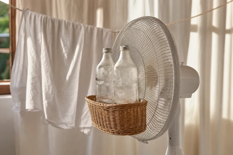 Ventilateur avec bouteilles d'eau glacées et drap humide pour un effet climatiseur maison