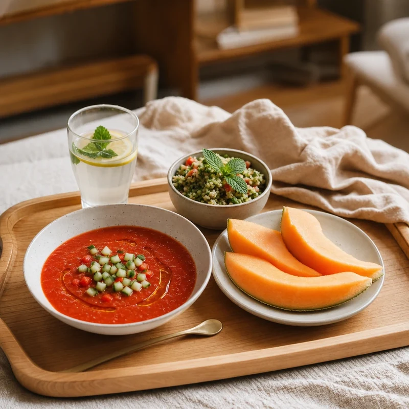 Repas froid de canicule : gaspacho, taboulé, melon et eau citronnée