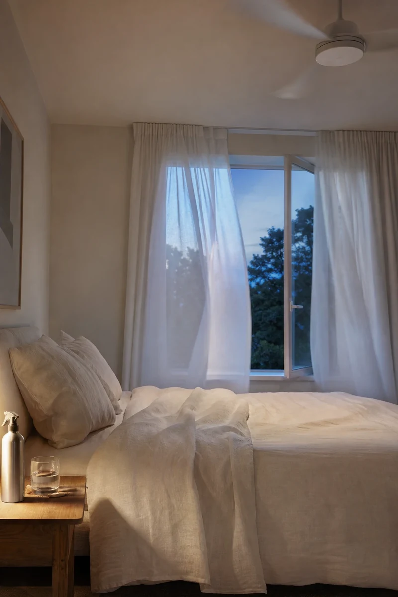 Chambre fraîche en lin avec ventilateur de plafond et fenêtre ouverte pour la nuit