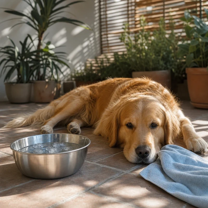 Chien rafraîchi sur carrelage avec gamelle d'eau glacée et serviette humide