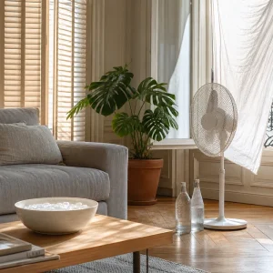 Salon français aux volets mi-clos avec ventilateur et drap humide pour garder la maison fraîche pendant la canicule