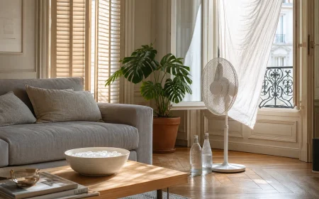 Salon français aux volets mi-clos avec ventilateur et drap humide pour garder la maison fraîche pendant la canicule