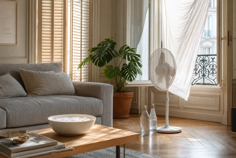 Salon français aux volets mi-clos avec ventilateur et drap humide pour garder la maison fraîche pendant la canicule