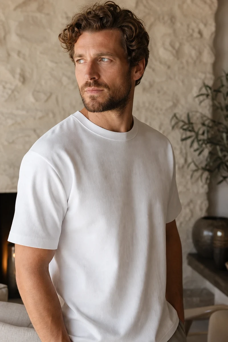 T-shirt blanc en coton structuré porté par un homme, pièce de base de la capsule wardrobe