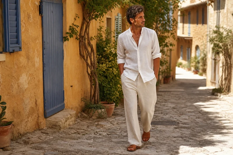 Chemise en lin manches longues et pantalon large lin, silhouette estivale en Provence