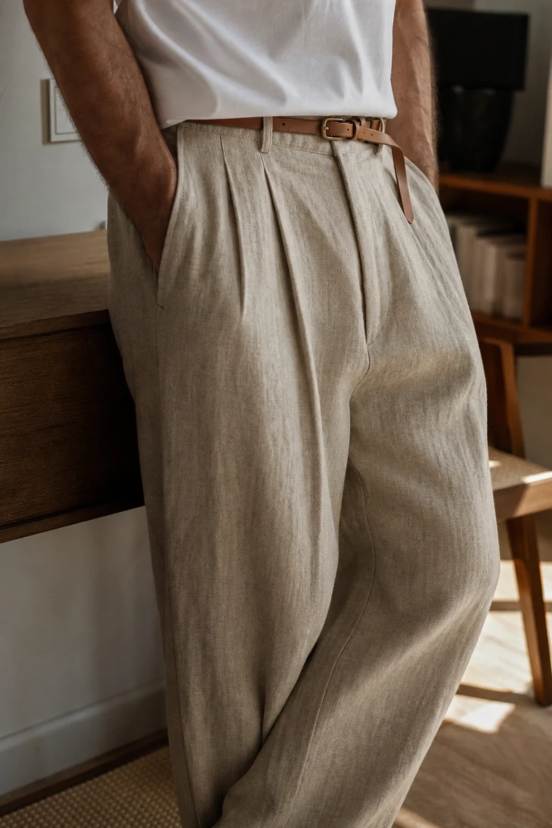 Détail texture pantalon large en lin sable porté avec t-shirt blanc rentré, capsule wardrobe homme