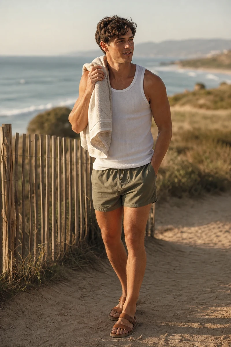 Short court mi-cuisse kaki porté avec débardeur blanc sur une plage de la côte atlantique