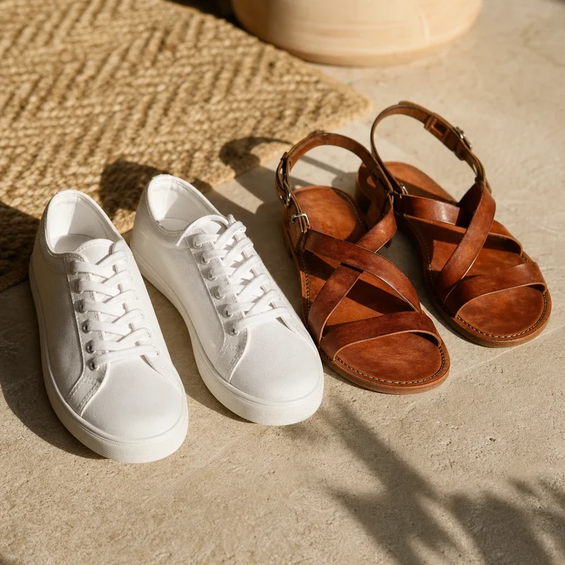 Sneakers blanches en toile et sandales en cuir cognac, les deux chaussures clés de la capsule wardrobe homme