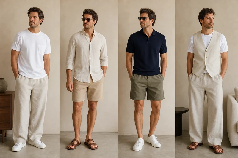 Quatre tenues différentes composées à partir des dix pièces de la capsule wardrobe homme été