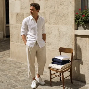Homme en chemise lin blanche et pantalon large sable composant sa capsule wardrobe été dans une cour parisienne