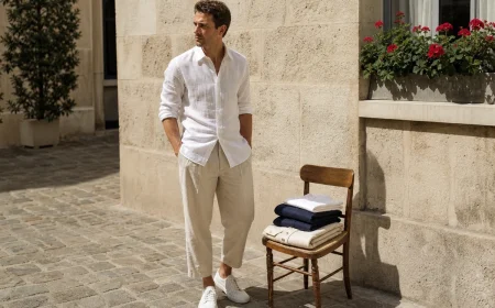 Homme en chemise lin blanche et pantalon large sable composant sa capsule wardrobe été dans une cour parisienne