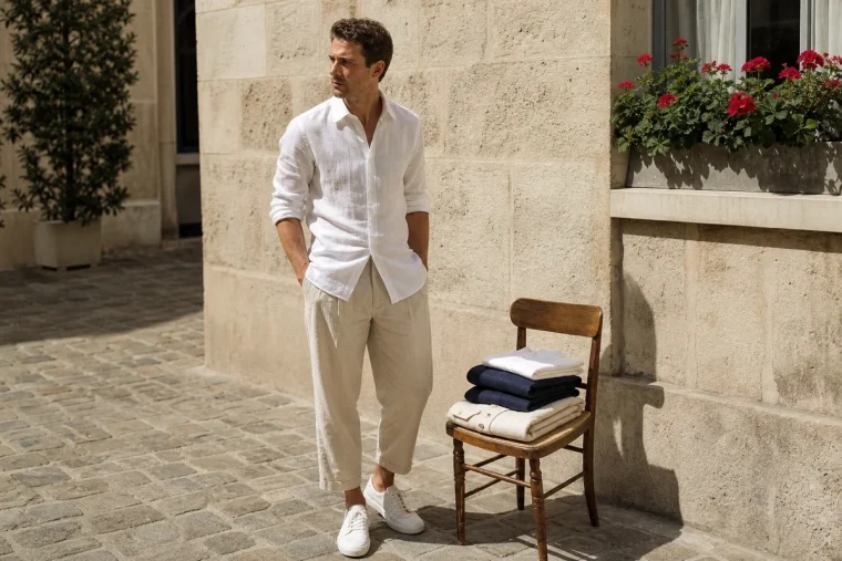 Homme en chemise lin blanche et pantalon large sable composant sa capsule wardrobe été dans une cour parisienne