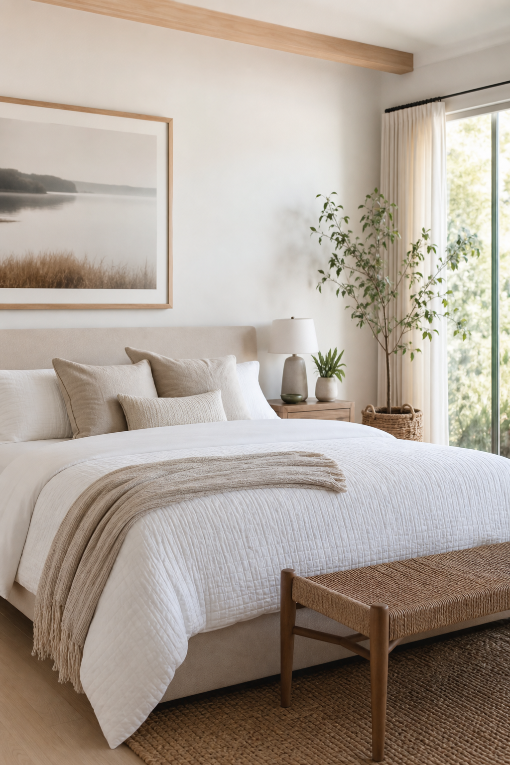 Chambre lumineuse et apaisante avec couette blanche matelassée