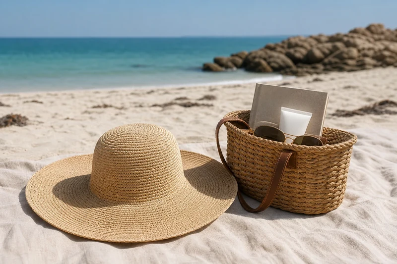 Capeline en raphia posée sur une serviette de plage avec accessoires d'été