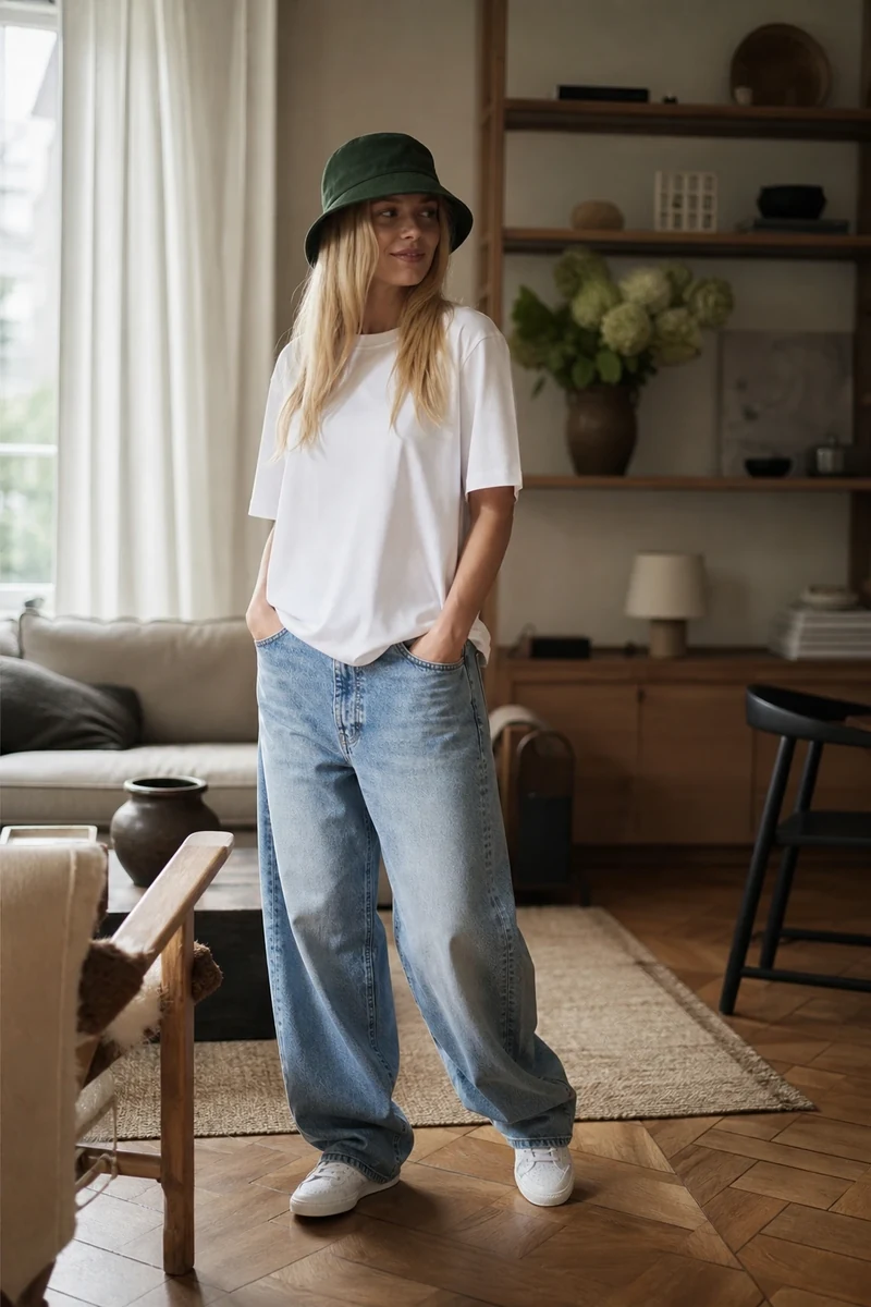 Femme en bob vert sapin et jean wide leg dans une rue parisienne
