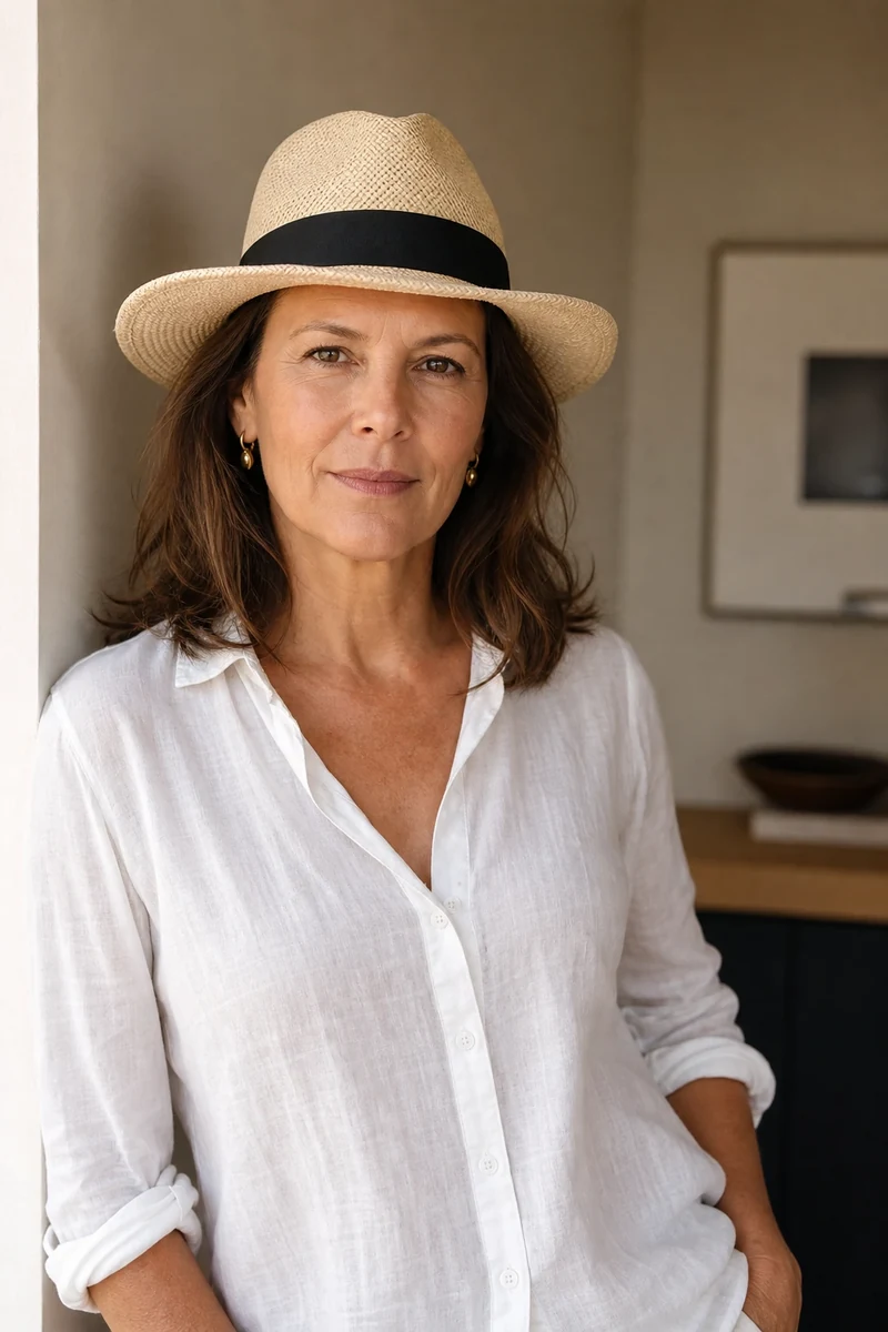 Femme portant un fedora en paille écru et une chemise blanche en lin