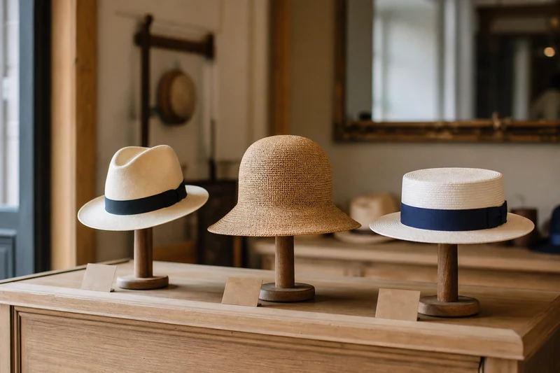Panama, cloche et canotier exposés dans une vitrine de chapellerie
