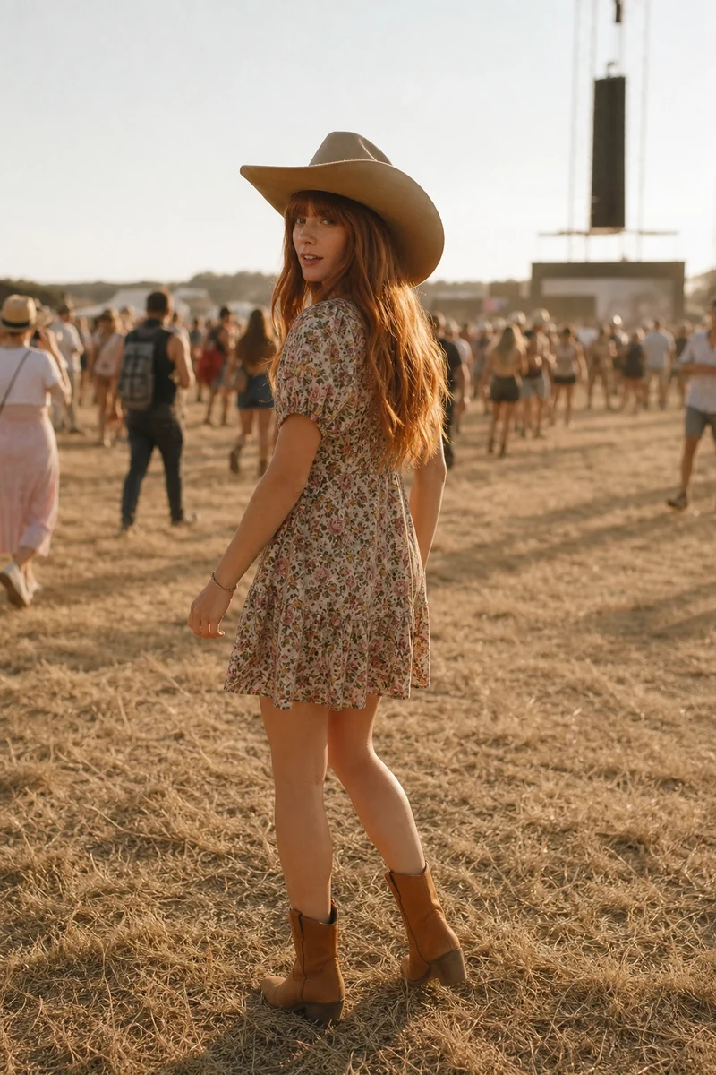 Femme en chapeau de cowboy en feutre brun lors d'un festival d'été