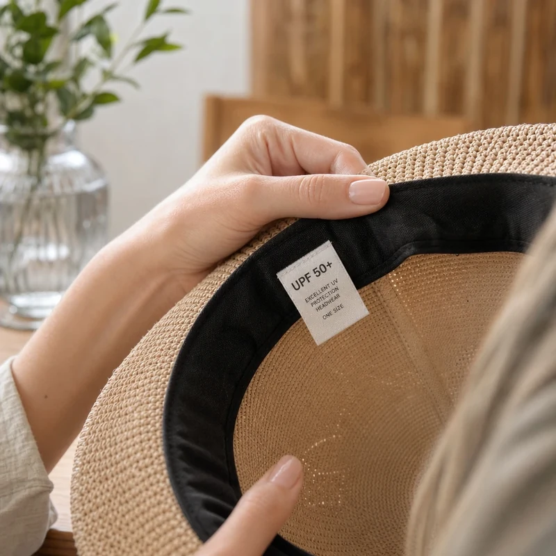 Étiquette UPF 50+ à l'intérieur d'un chapeau anti-UV