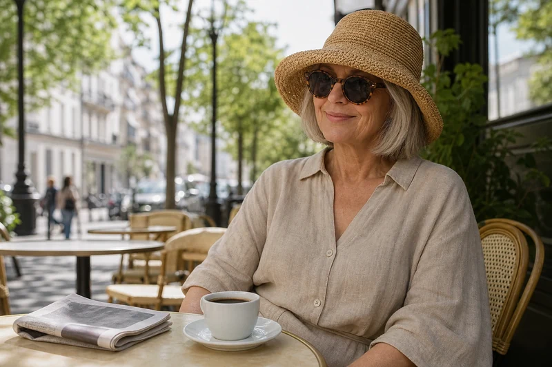 Femme de soixante ans en cloche de raphia sur une terrasse parisienne