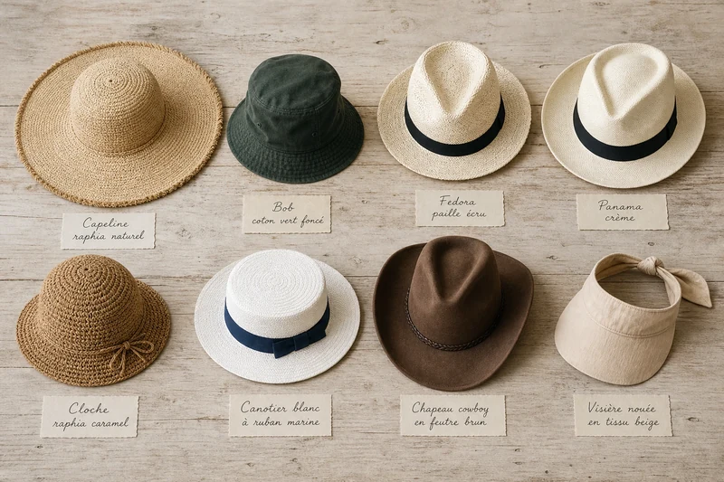 Flat lay des huit modèles de chapeaux d'été comparés côte à côte
