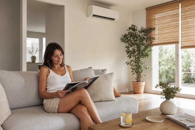 Salon français rafraîchi par un climatiseur correctement réglé en plein été