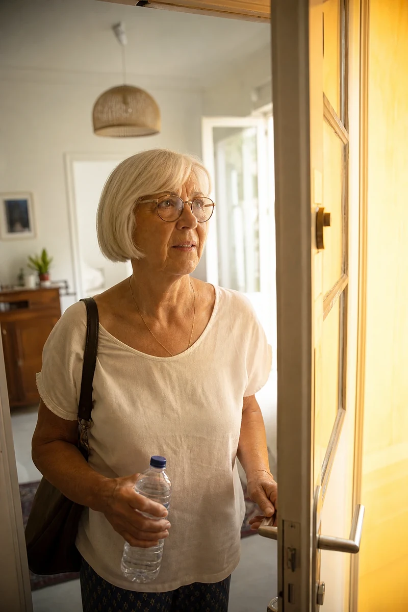 Femme senior s'apprêtant à sortir d'un intérieur climatisé vers la chaleur extérieure, situation à risque de choc thermique