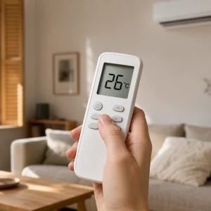 Télécommande de climatiseur affichant 26 °C, le réglage recommandé en canicule