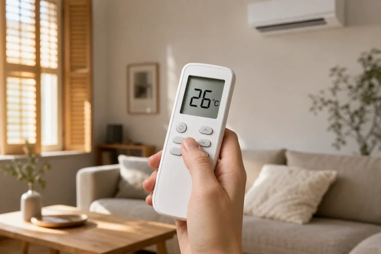 Télécommande de climatiseur affichant 26 °C, le réglage recommandé en canicule
