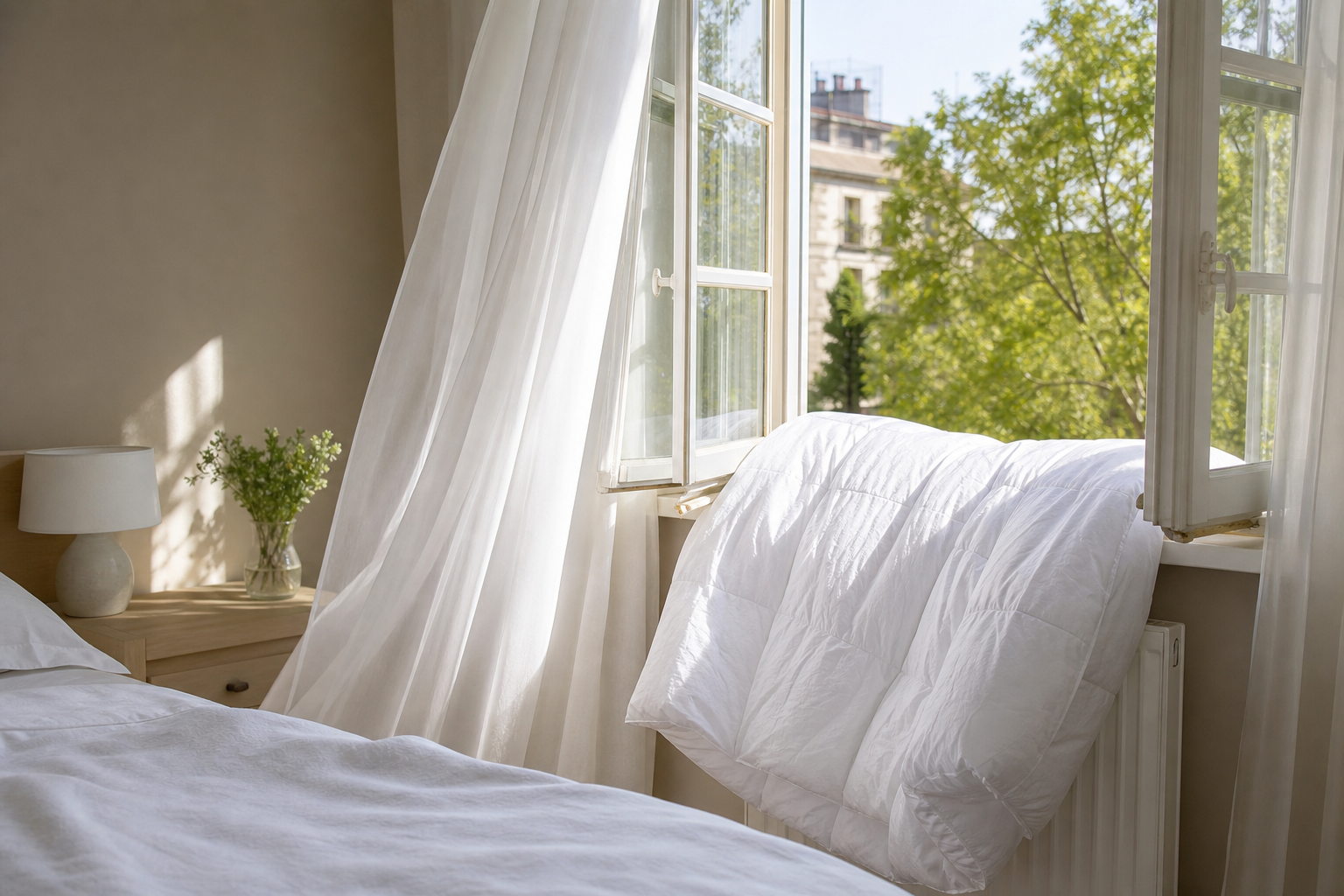 Couette aérée à la fenêtre ouverte d'une chambre