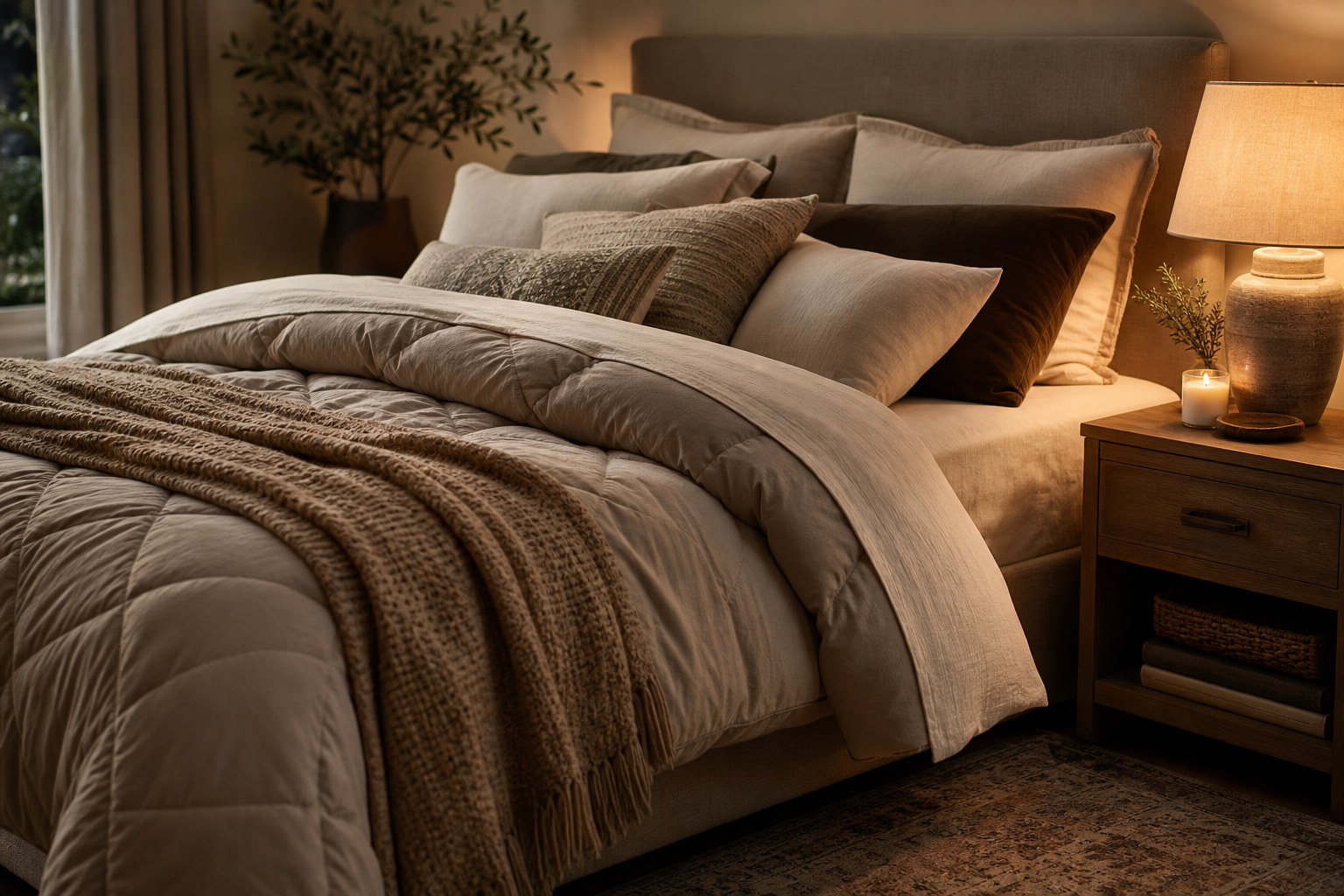 Lit avec couette d'hiver épaisse dans une chambre cosy