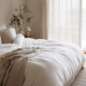 Lit confortable avec couette épaisse et linge de lit naturel dans une chambre lumineuse