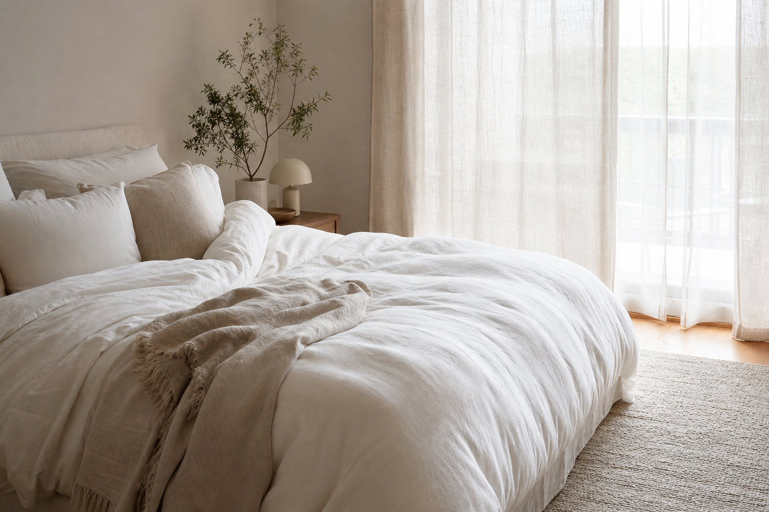 Lit confortable avec couette épaisse et linge de lit naturel dans une chambre lumineuse