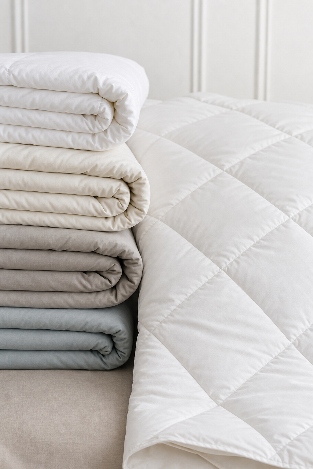 Couettes de qualité pliées et housse en percale de coton