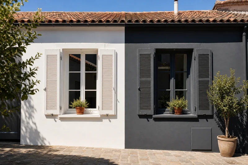 Comparaison visuelle d'une façade blanche et d'une façade anthracite sous plein soleil illustrant l'effet d'albédo
