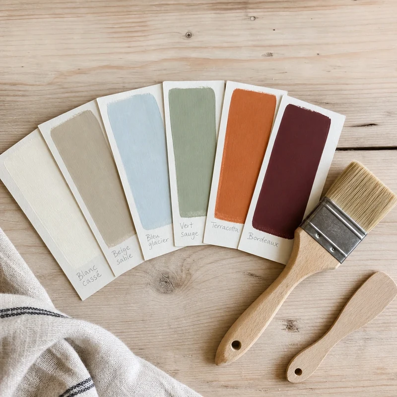Nuancier de six couleurs déco étalé à plat avec pinceau, du blanc cassé au bordeaux