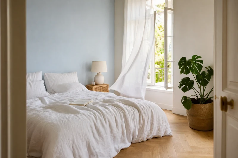Chambre cocon avec mur bleu glacier et textiles blancs pour une fraîcheur d'été
