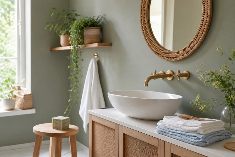 Salle de bain vert sauge avec textiles blancs et accessoires naturels pour une fraîcheur estivale