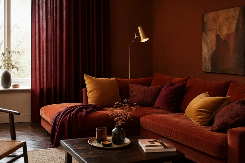 Salon aux tons bordeaux et terracotta tendance 2026 illustrant une ambiance chaude peu adaptée à l'été