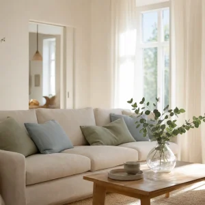 Salon français aux murs blanc cassé avec textiles bleu pâle et vert sauge pour une ambiance fraîche d'été