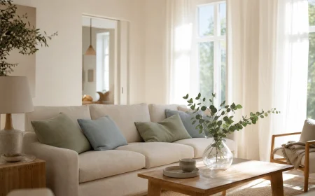 Salon français aux murs blanc cassé avec textiles bleu pâle et vert sauge pour une ambiance fraîche d'été