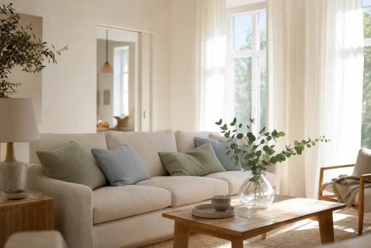 Salon français aux murs blanc cassé avec textiles bleu pâle et vert sauge pour une ambiance fraîche d'été