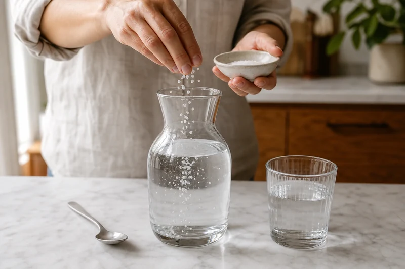 Pincée de sel ajoutée à une carafe d'eau, geste maison pour compenser la perte de sodium en canicule